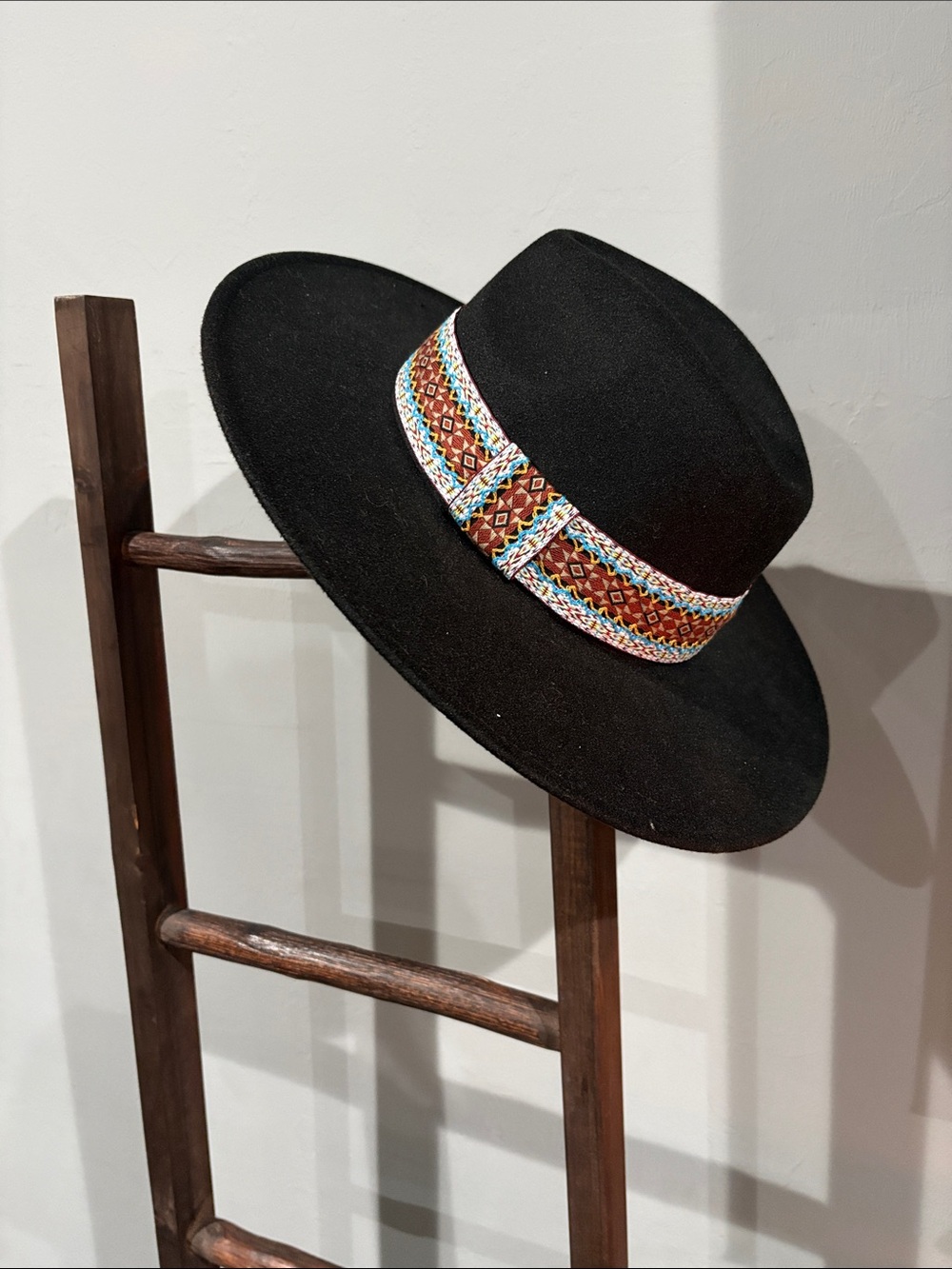 Black Wide-Brim Fedora Hat with Colorful Embroidered Band